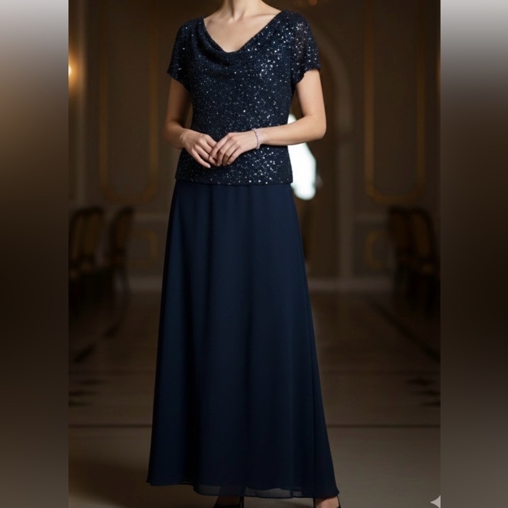 J Kara navy blue Sequin Evening Top with Iridescent Beads.